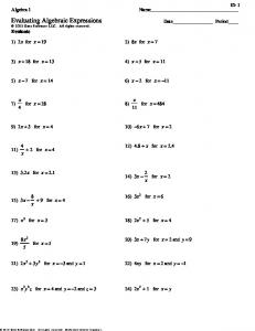 Algebra 1 - Evaluating Algebraic Expressions