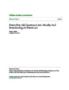 Morality And Biotechnology In Patent Law - William & Mary Law ...