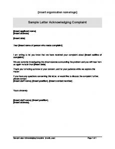 Sample Letter Acknowledging Complaint