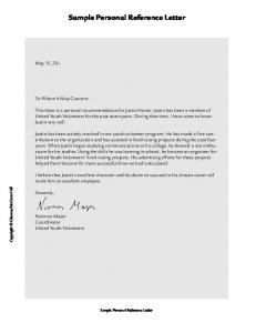 Sample Personal Reference Letter